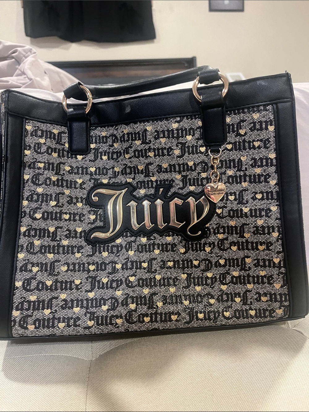 Juicy Couture Black and Gold Logo Tote with Heart Charm
